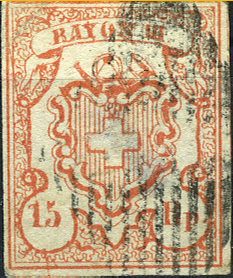 Type 5, Stein OR I, schwarze eidg. Raute, sauber und farbenfrisch, kleine Mängel, dreiseitig gut gerandet.