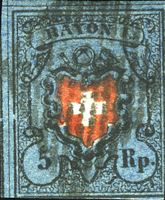 5 Rp. schwarz-rot-dunkelblau, Type 26, Einfassungslinie links unterbrochen