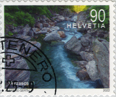 2022, Schweizer Flusslandschaften, 90 Rp. Verzasca, Abart: "Schrift gequetscht" (schattiert)