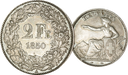 1850, 2 Fr. Silber-Kursmünze Sitzende Helvetia