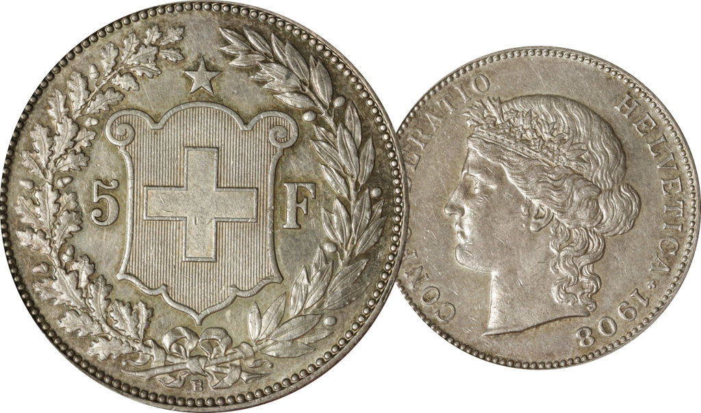 1908, 5 Fr. Silber-Kursmünze Helvetiakopf