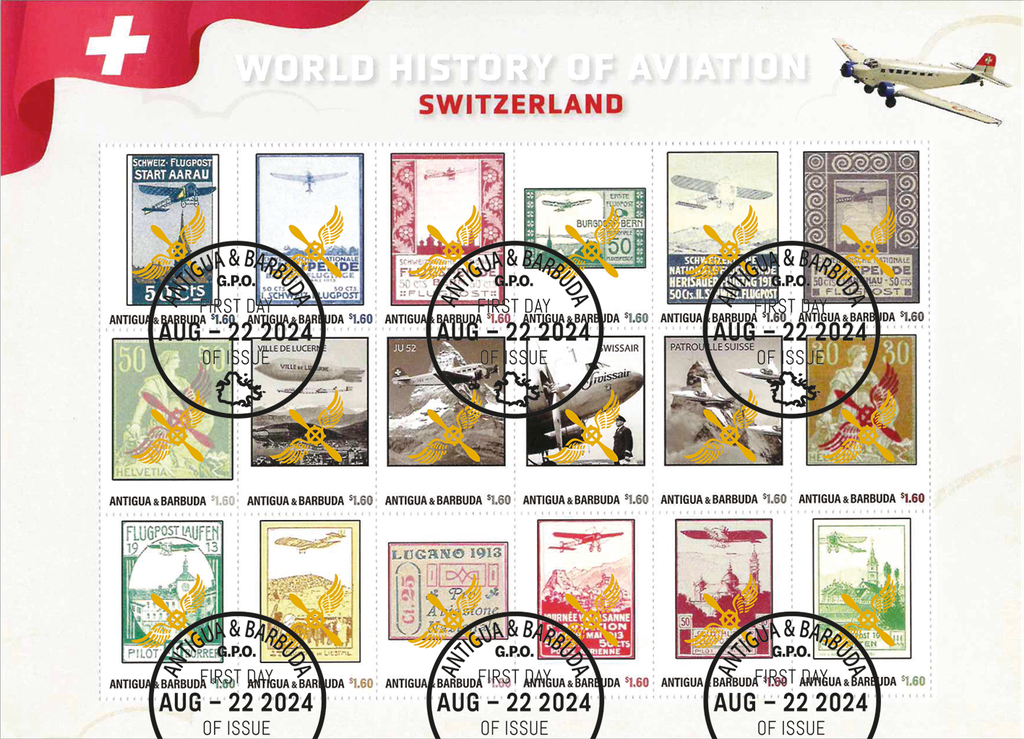 2024, WORLD HISTORY OF AVIATION, Switzerland mit Goldaufdruck