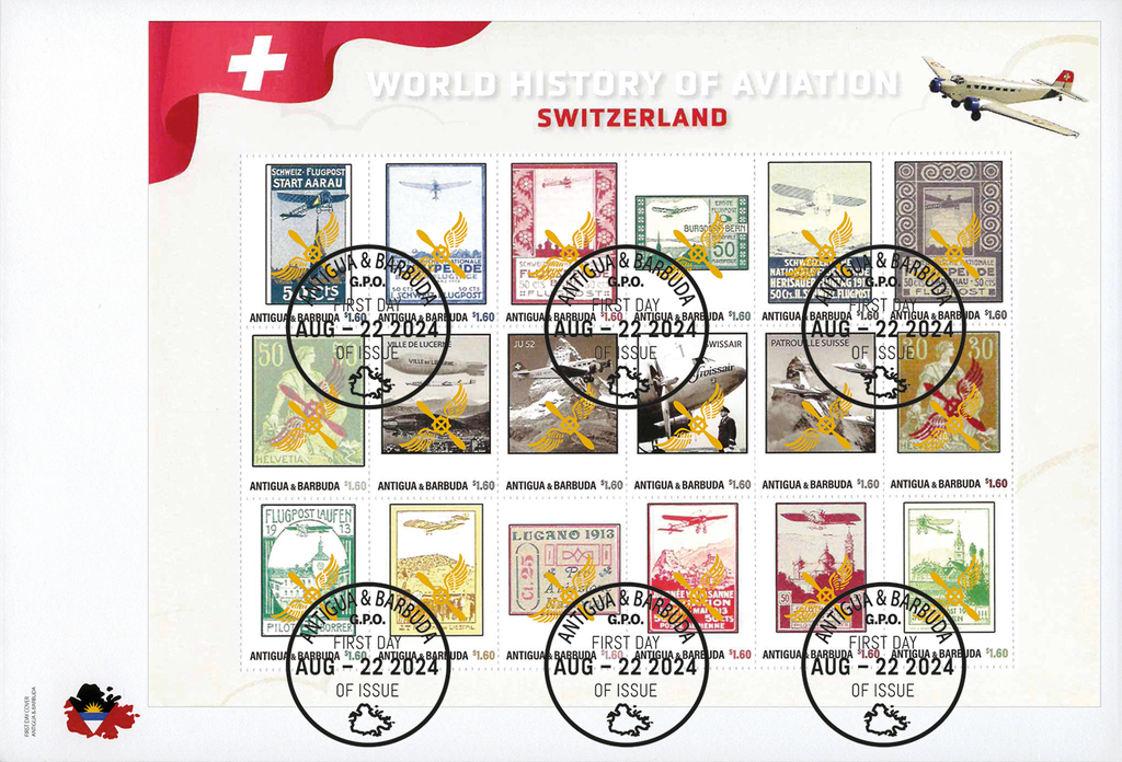 2024, WORLD HISTORY OF AVIATION, Switzerland mit Goldaufdruck