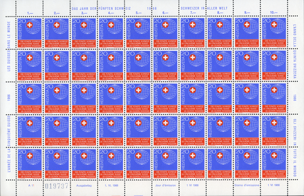 1966, Sondermarke "Die fünfte Schweiz", 20 Rp. Weltkugel mit Schweizerkreuz