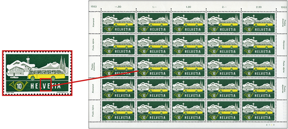 1953, 10 Rp. Alpenpost im Winter, Abart:"Retouche zwischen V und Strich"