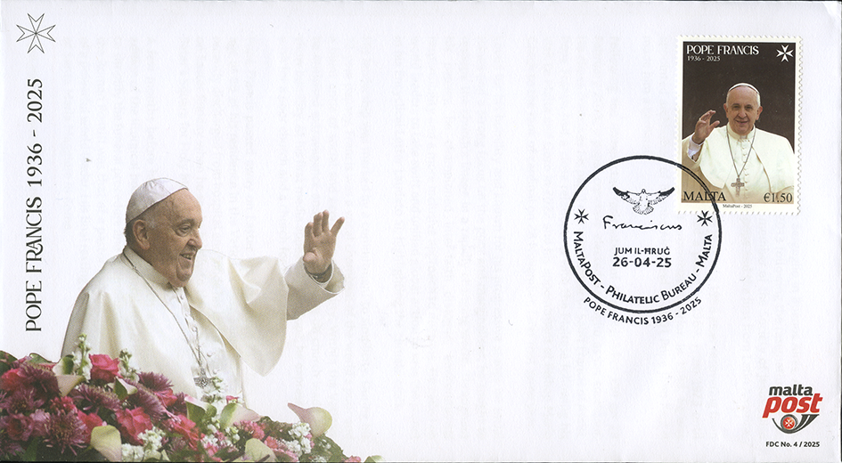2025, Franziskus I., amtliche Briefmarke auf Ersttagsbrief, Malta