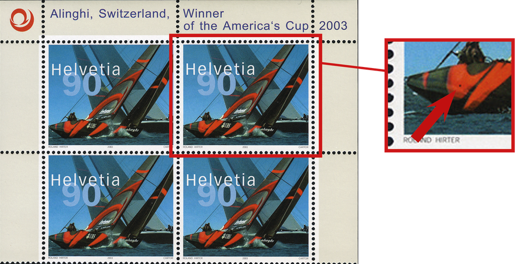 90 Rp. Alinghi - Switzerland, Abart:"Markanter schwarzer Fleck"