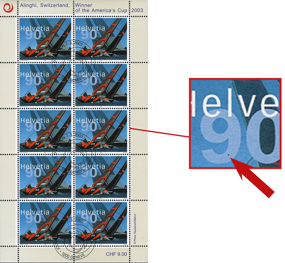 90 Rp. Alinghi - Switzerland, Abart:"Markanter schwarzer Fleck"