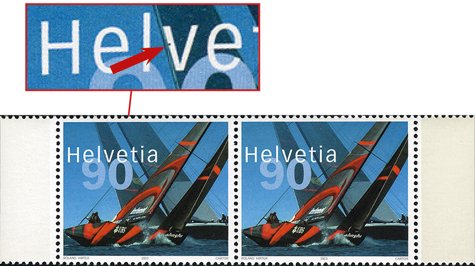 90 Rp. Alinghi - Switzerland, Abart:"Markanter schwarzer Fleck"