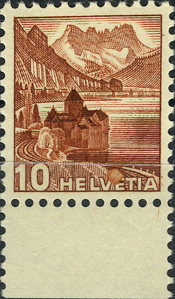 10 Rp. rötlichbraun, "Grosser Fleck in V+E von Helvetia"