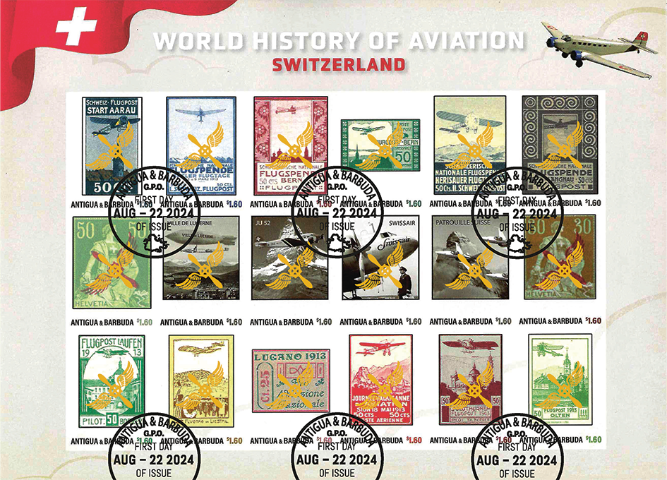 2024, WORLD HISTORY OF AVIATION, Switzerland - UNGEZÄHNT mit Goldaufdruck