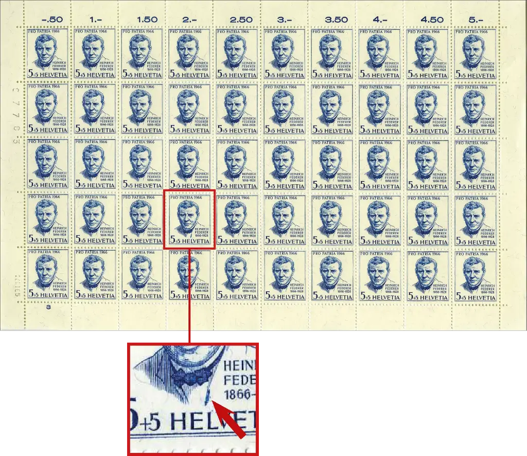 5+5 Rp. Heinrich Federer, "Blauer Farbfleck am Kragenumschlag" Originalbogen