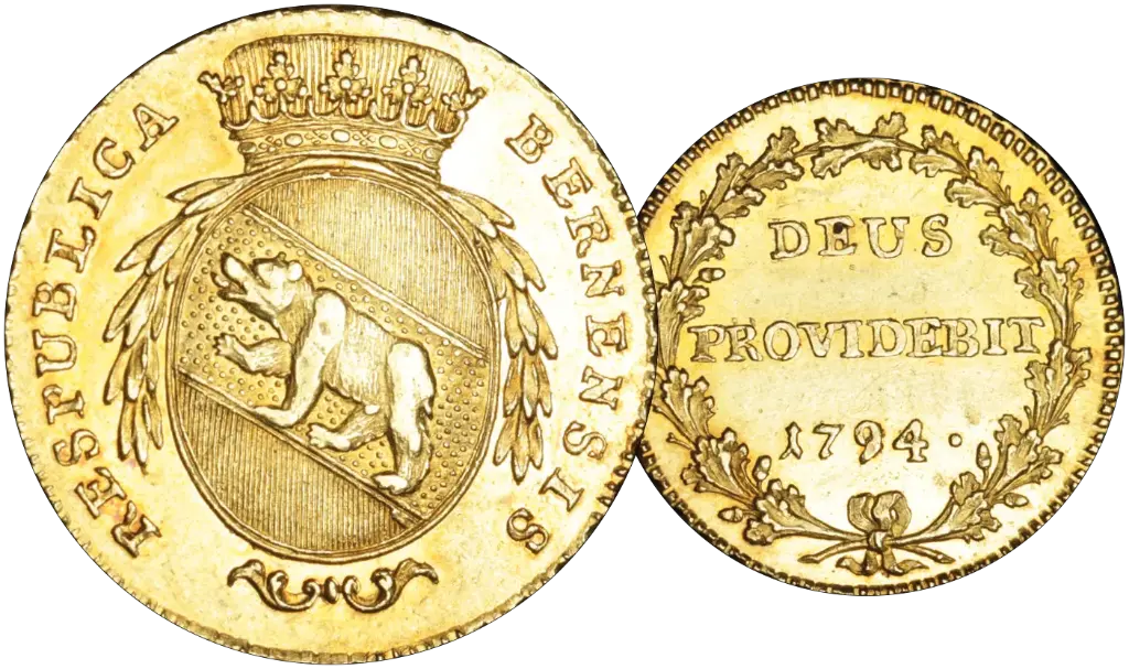 1794, Doppelduplone Bern, Rückseite Spruch