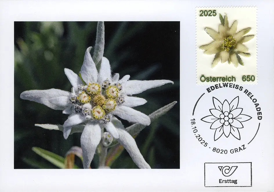 2025, Maximumkarte "Edelweiss reloaded" mit der ersten Briefmarke aus dem 3D-Drucker