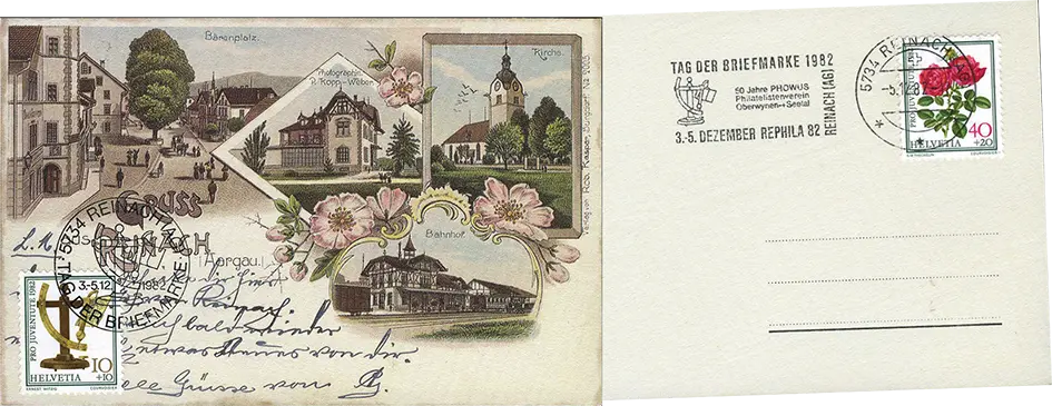 1982, Reinach(AG), 10+10 Rp. Briefwaage auf nostalgischer, nicht verausgabten Ansichts-Karte 