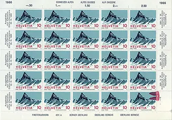 10 Rp.Finsteraahorn, Originalbogen mit grossem Farbfleck 