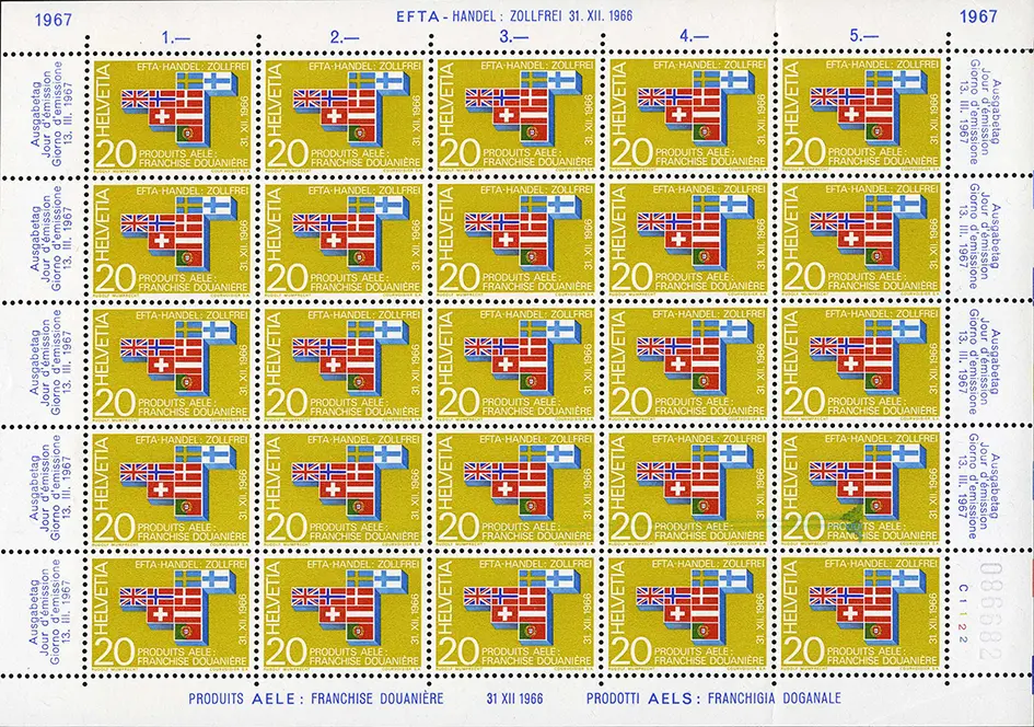 20 Rp.EFTA-Flaggen, Originalbogen mit grossem Farbfleck   