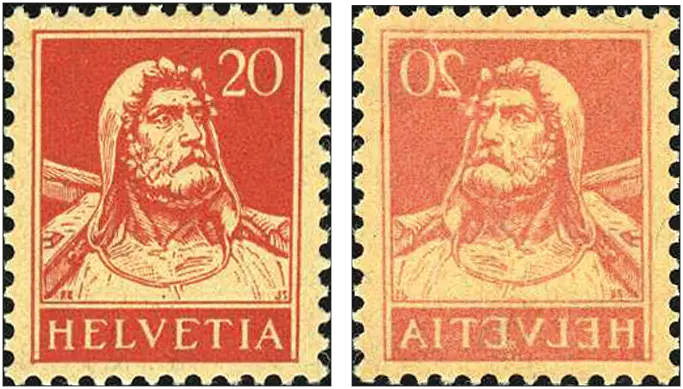 20 Rp. karminrot, deutlicher Abklatsch auf der Gummierung 