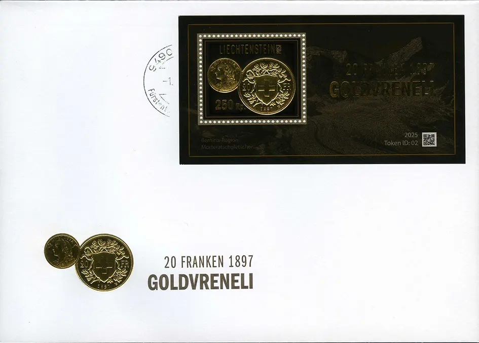 2025, 20 Franken GOLDVRENELI von 1897 auf Ersttagsbrief