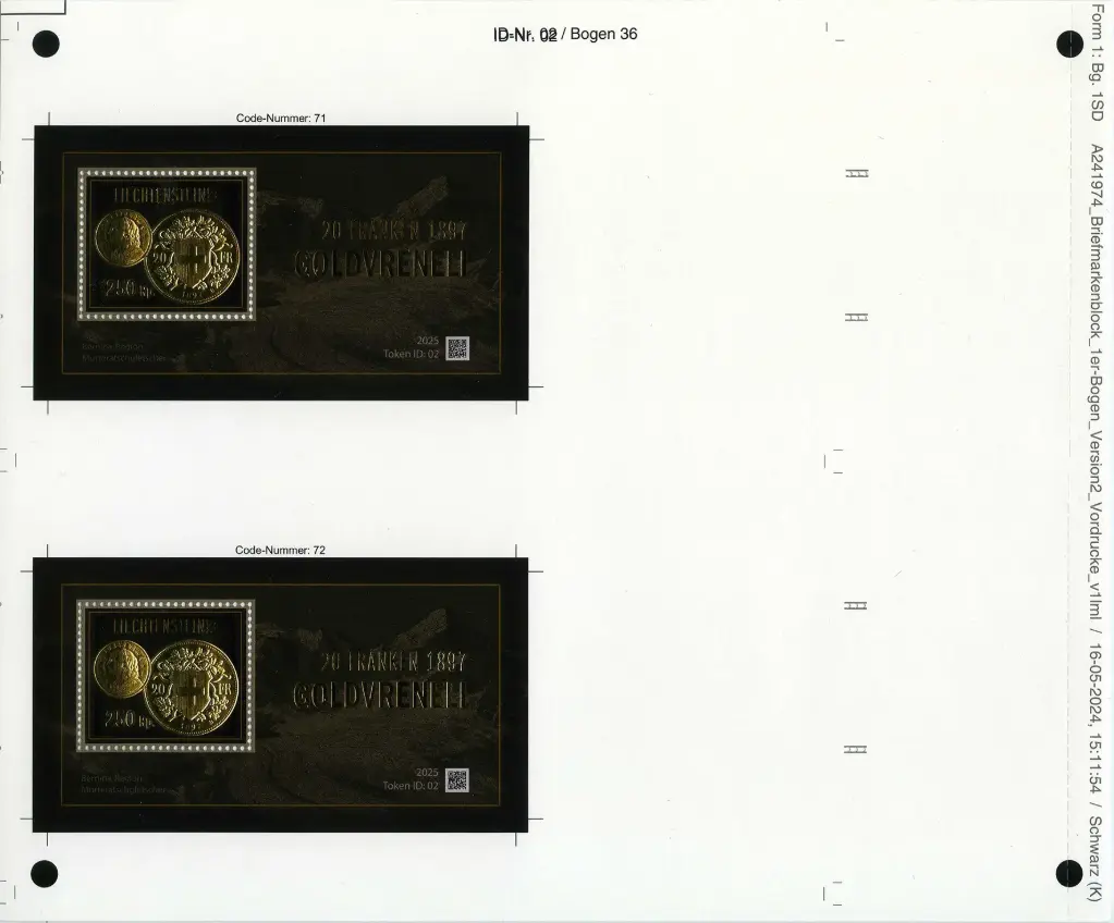 2025, 20 Franken GOLDVRENELI von 1897 - Druckbogen