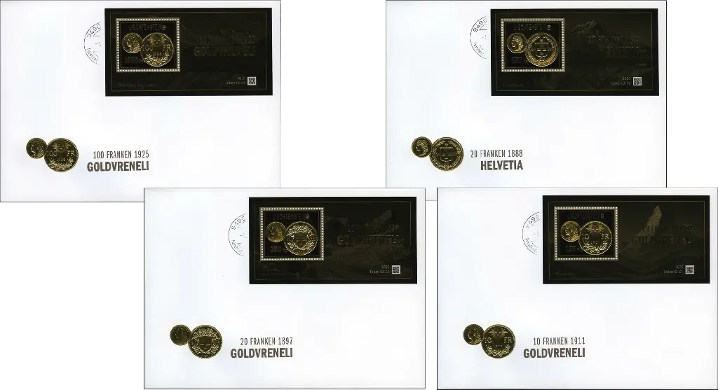 2025, Crypto-Sonderblock-Serie „100 Jahre 100 Franken Goldvreneli“ auf Ersttagsbriefen - Komplett-Set