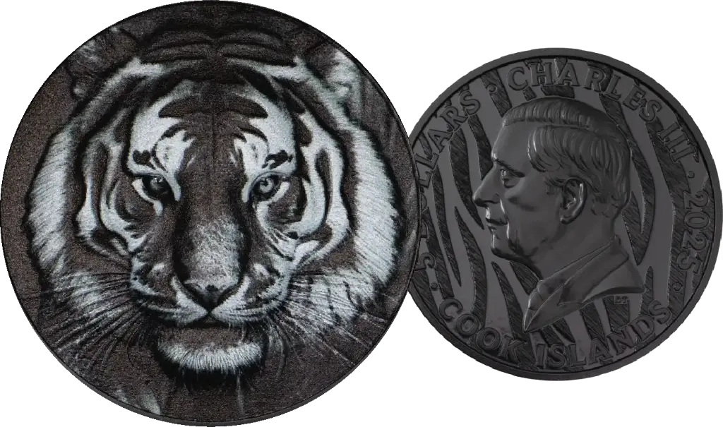 2025, 5 Dollars, Black & White - Tiger, Cook Islands