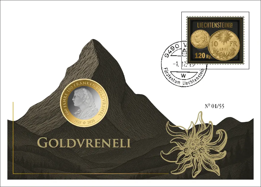 2025, Numisbeleg 100 Jahre 100 Franken GOLDVRENELI