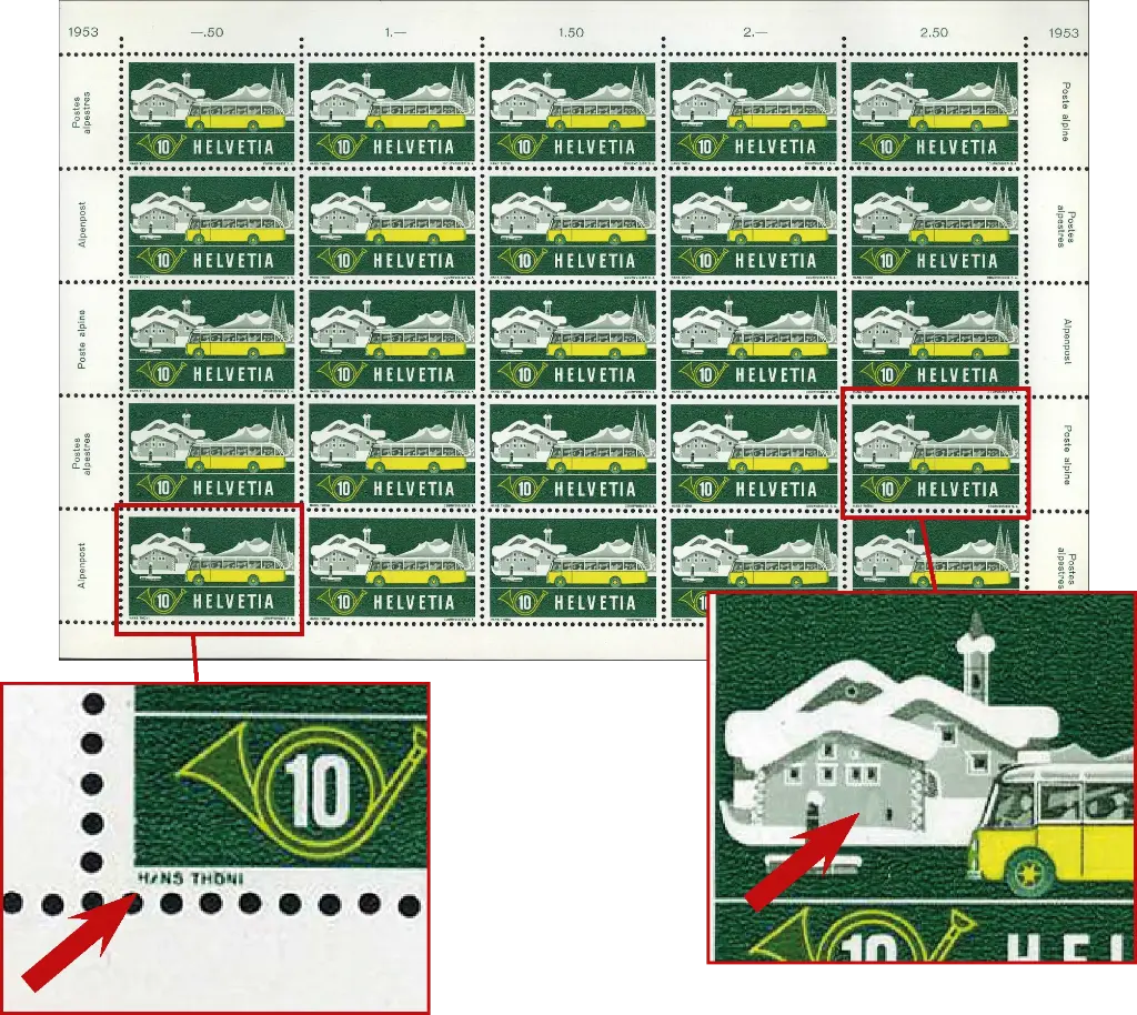 10 Rp. Alpenpost, "HA von Hans defekt, Hausfront retouchiert" Originalbogen  