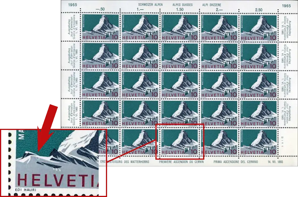 10 Rp. Matterhorn, "Graudruck retouchiert" Originalbogen   