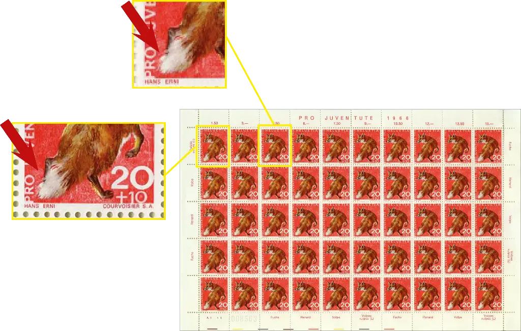 20+20 Rp. Fuchs, "Retouche in der Schwanzspitze und über Erni" Originalbogen  