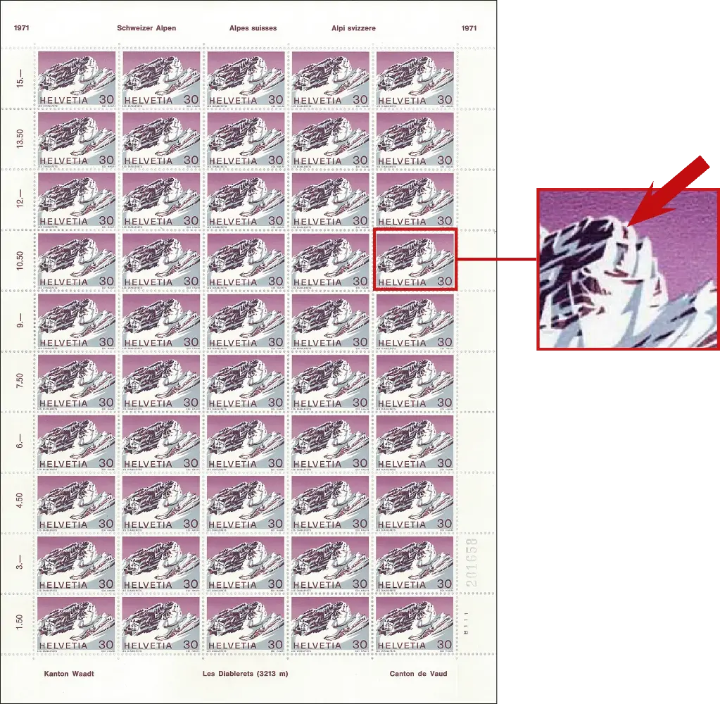 1971, Schweizer Alpen, Originalbogen mit markanter Abart 