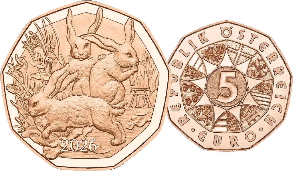 2026, 5 Euro, Dürers Hasentrio, Österreich