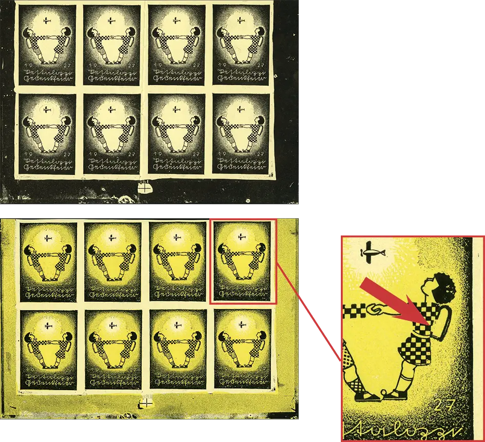 1927, Pestalozzi-Sonderflug Brugg - Yverdon, OK-Vignette Zwei Schulkinder, zitronengelb-schwarz  