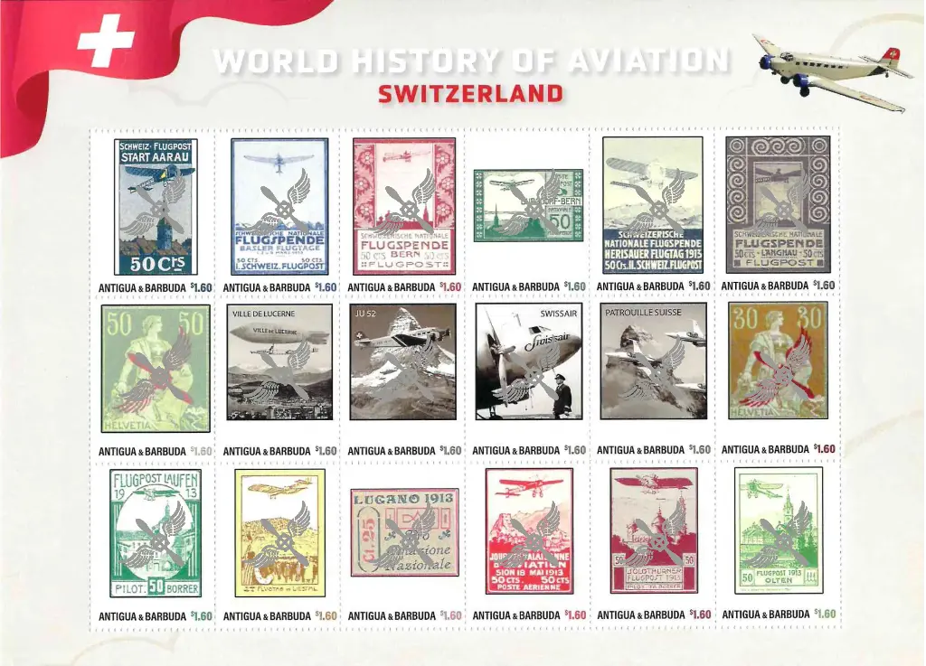 2024, WORLD HISTORY OF AVIATION, Switzerland mit Silberaufdruck