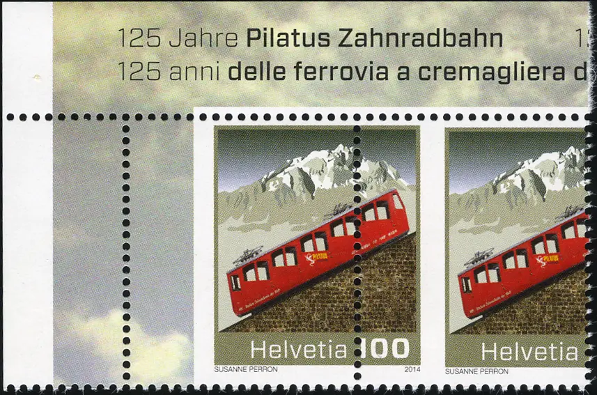 100 Rp. Pilatus Zahnradbahn, Druckverschiebung, oberes, linkes Eckrandstück  