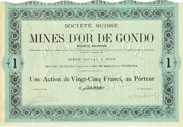 1895, Aktie über 25 Franken, «Société Suisse des Mines d'Or de Gondo SA»