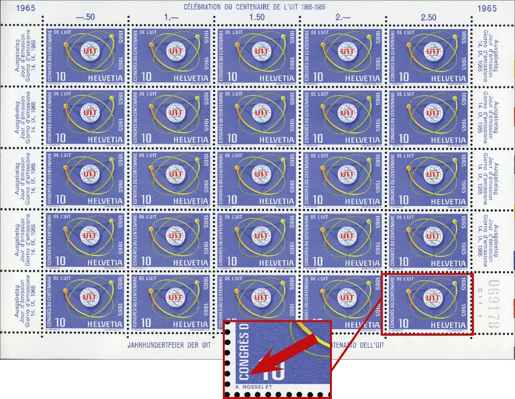 10 Rp. UIT-Symbole, "C von Congrès ausgebuchtet" Originalbogen    