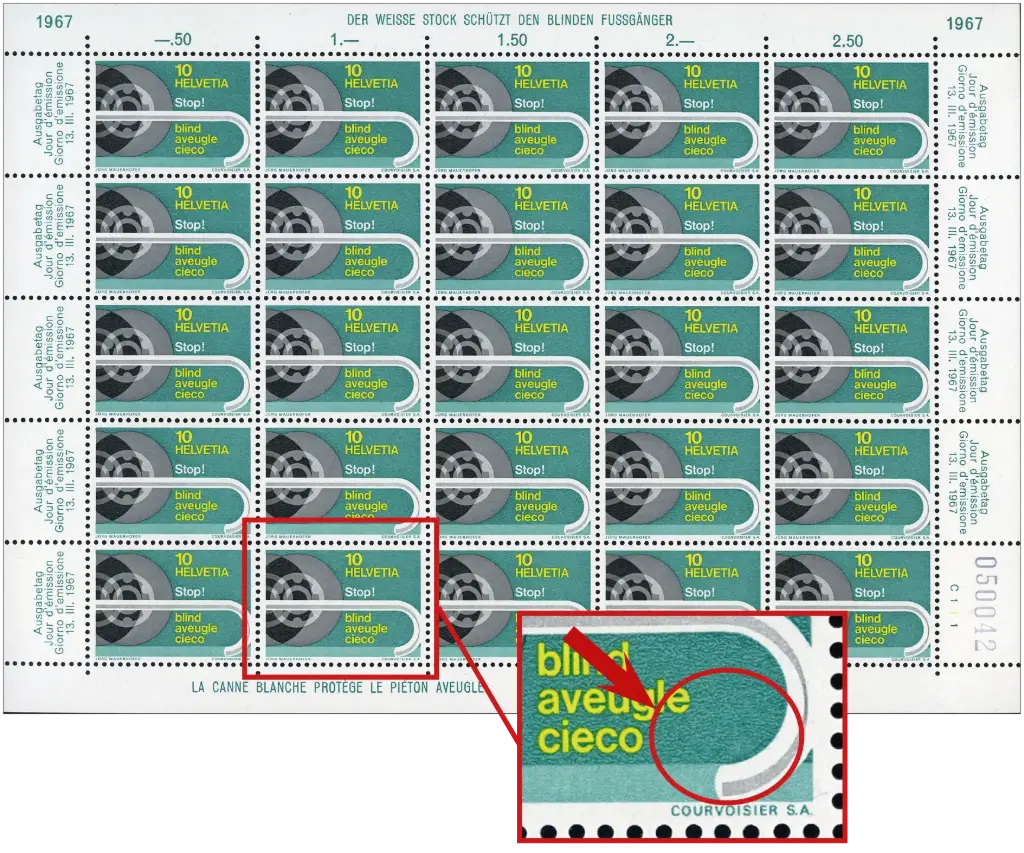 10 Rp. Blindenstock, "Stockgriff retouchiert" Originalbogen      