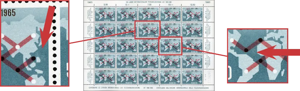 50 Rp. UIT 100 Jahre, "Retouche im Blaudruck links von Afrika und bei Borneo" Originalbogen    
