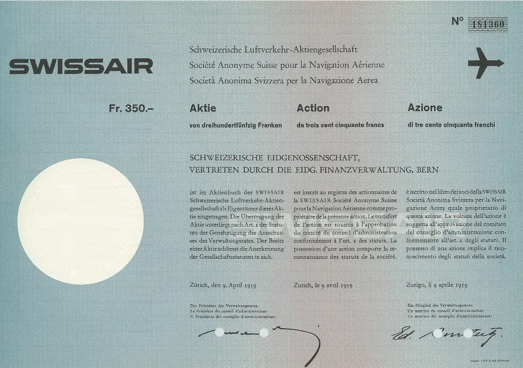 1959, Nummeriertes Wertpapier der SWISSAIR, Schweiz