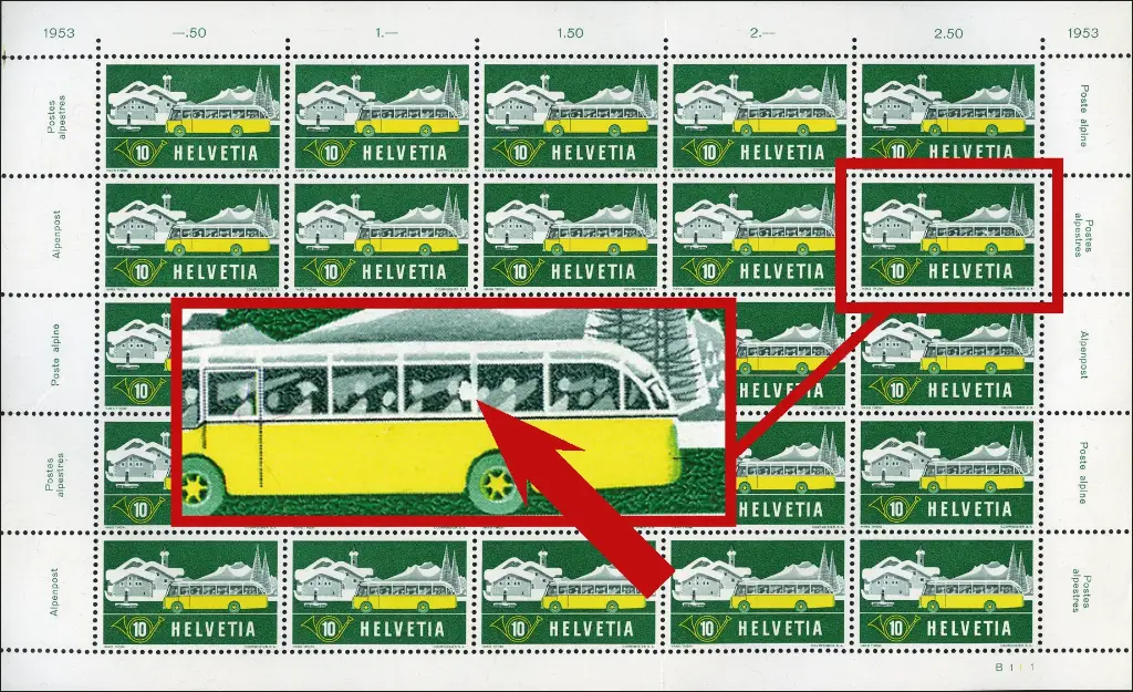 1953, 10 Rp. Alpenpost im Winter, Abart: "Blinder Passagier" 