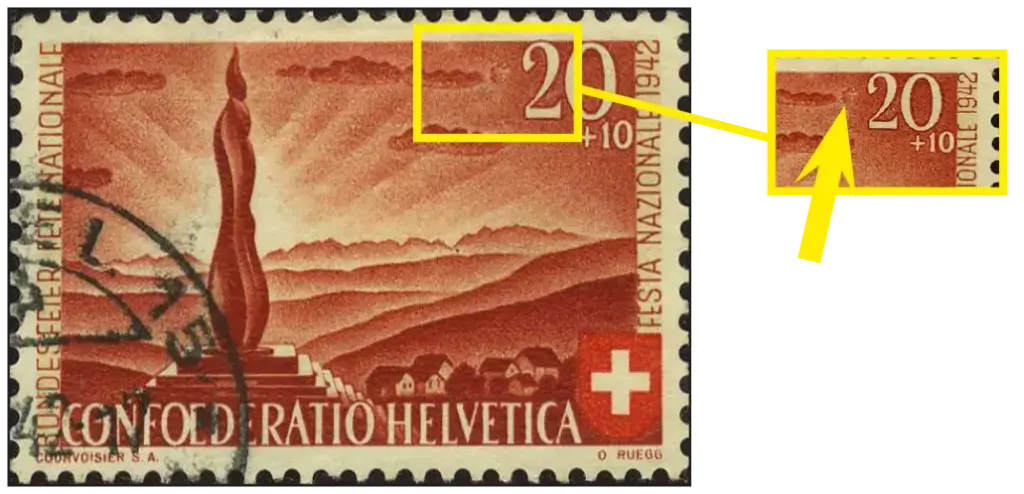 20+10 Rp. Forch-Denkmal, "Retouche zwischen Wolke und 2" 