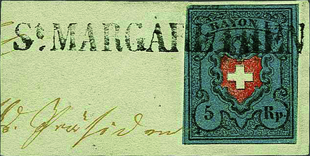 Type 19, farbenfrisch, voll- bis überrandig (senkr. Bug), schwarzer Balkenstempel St. MARGARETHEN auf Briefstück - vermutlich UNIKAT.