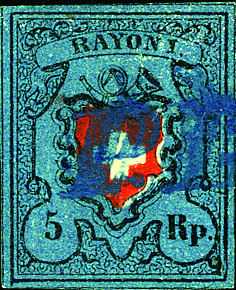 5 Rp. schwarz-rot-lebhaftblau, Type 8