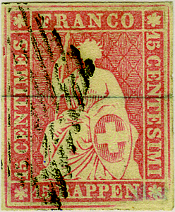 15 Rp. rötlichkarmin, Berner Druck, 1. Druckperiode