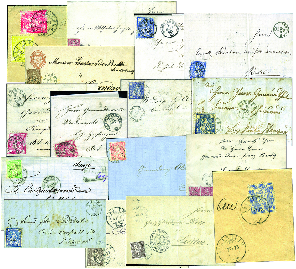 1863-82 BASELLAND-Belege "Sitzende Helvetia", zehn Zwergstempel und sechs weitere.