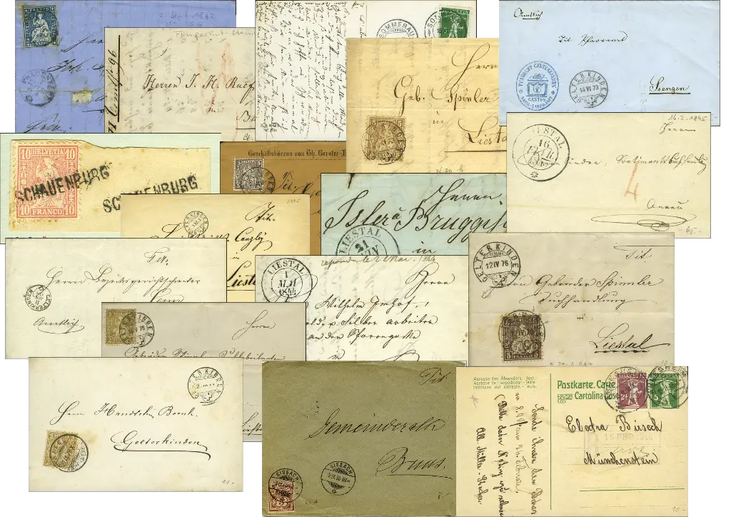 1863-82 BASELLAND-Belege "Sitzende Helvetia", zehn Zwergstempel und sechs weitere.