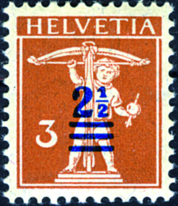 2 1/2 - 3 Rp. braunorange, "Aufdruck stark nach rechts in die Mitte der Figur verschoben"