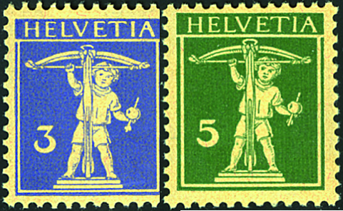 3 Rp. violettblau, sämisch u. 5 Rp. olivgrün, sämisch