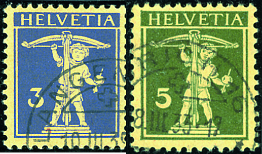 3 Rp. violettblau, sämisch u. 5 Rp. olivgrün, sämisch